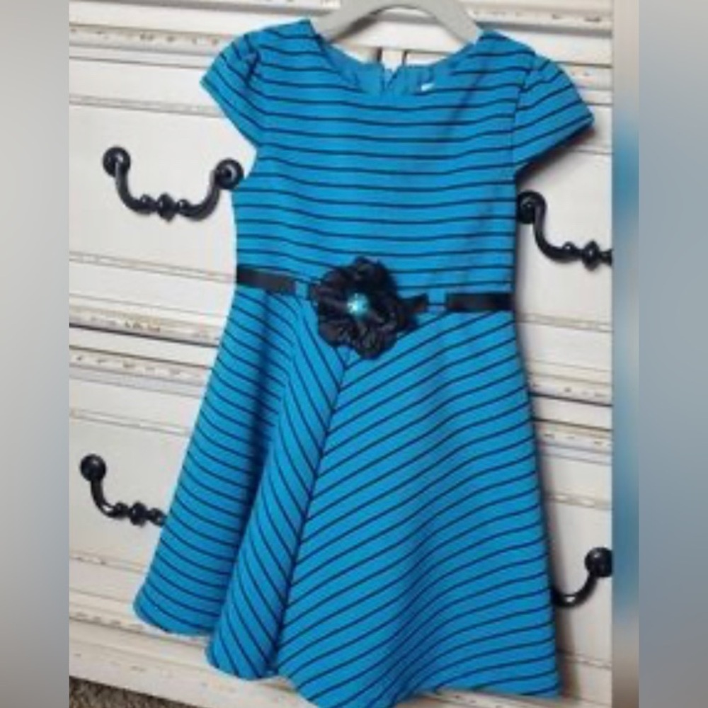 Blue Striped Kids Dress with Floral Belt - Picture 1 of 2